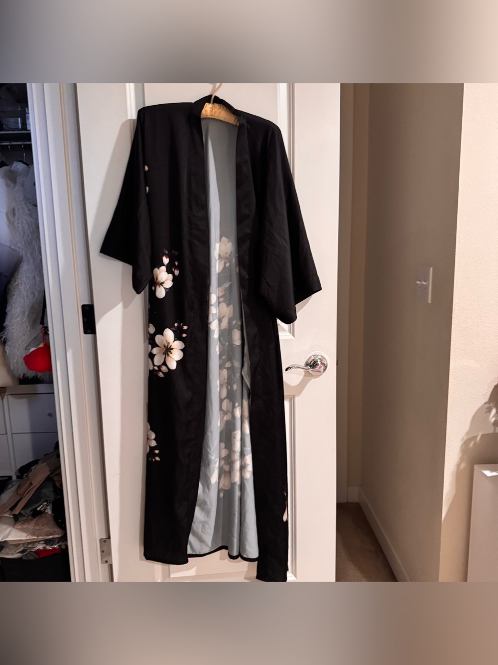 Navy Floral Satin Kimono Robe with Black Lining